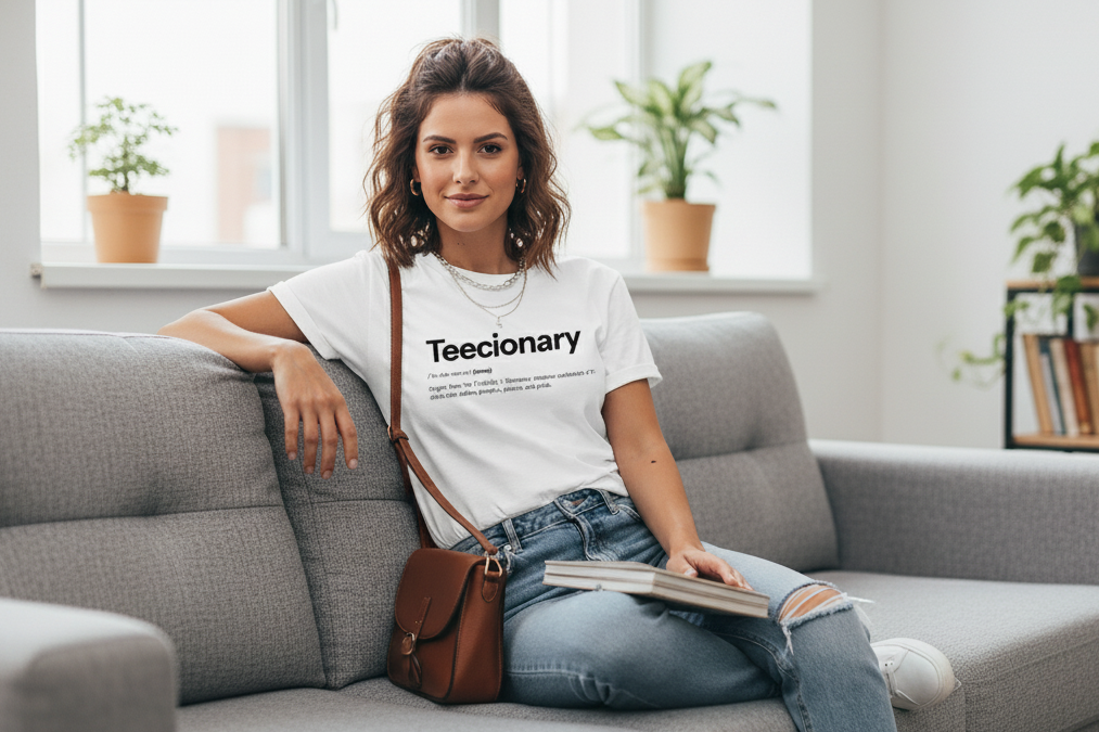 Woman sitting on a couch wearing a 'Teeictionary' t-shirt in a modern living room.
